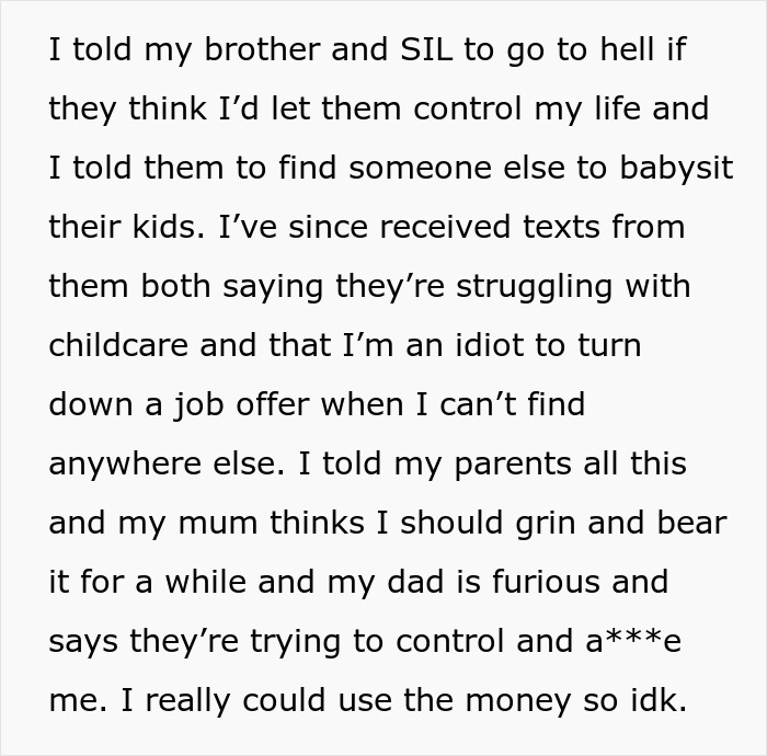 Woman Tells Brother To Go To Hell After His Live-In Nanny Job Offer Comes With Ridiculous Demands