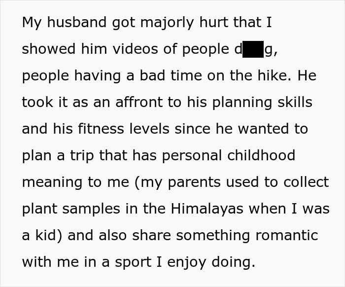 Woman Likes To Hike, So Husband Plans A Surprise Trip, She Refuses After Looking It Up Online