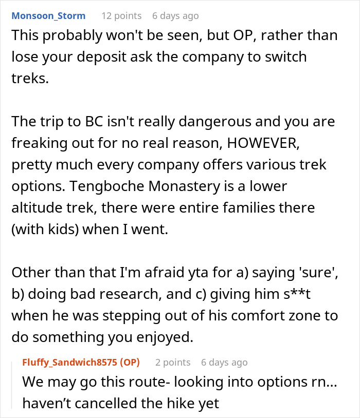Woman Likes To Hike, So Husband Plans A Surprise Trip, She Refuses After Looking It Up Online