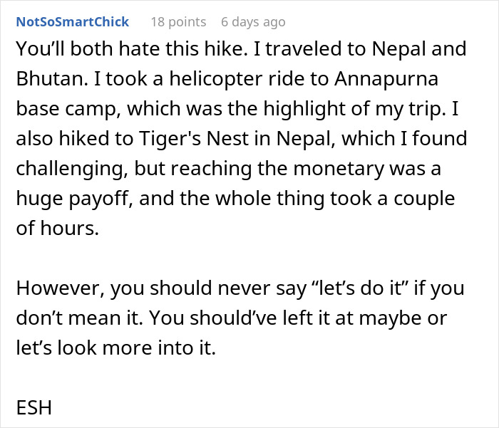 Woman Likes To Hike, So Husband Plans A Surprise Trip, She Refuses After Looking It Up Online