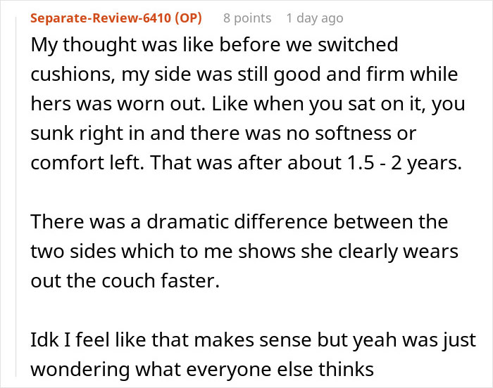 Woman Refuses To Pay Half Price For New Couch As Heavier Roommate Wore Out The Old One More Woman Refuses To Pay Half Price For New Couch As Heavier Roommate Wore Out The Old One More