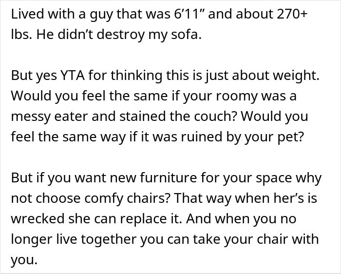 Woman Refuses To Pay Half Price For New Couch As Heavier Roommate Wore Out The Old One More Woman Refuses To Pay Half Price For New Couch As Heavier Roommate Wore Out The Old One More