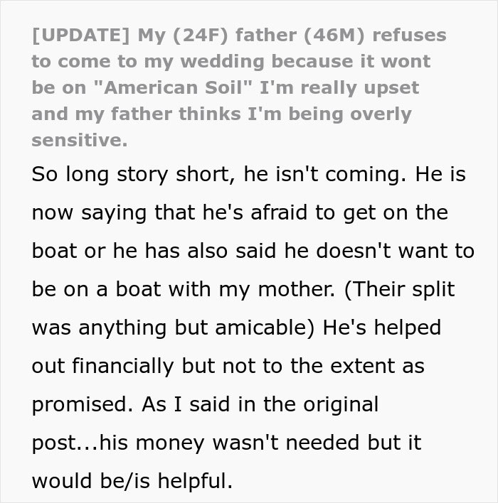 “He’s A Little Much”: Bride’s Father Refuses To Attend Wedding Because It’s Not On ‘American Soil’ “He’s A Little Much”: Bride’s Father Refuses To Attend Wedding Because It’s Not On ‘American Soil’