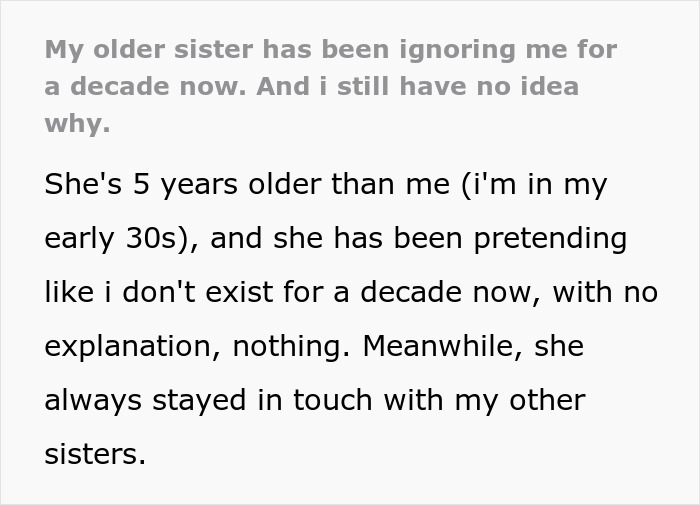 Person Baffled As Sis Pretends They Don’t Exist For A Decade, Parents Keep Gaslighting Them About It Person Baffled As Sis Pretends They Don’t Exist For A Decade, Parents Keep Gaslighting Them About It