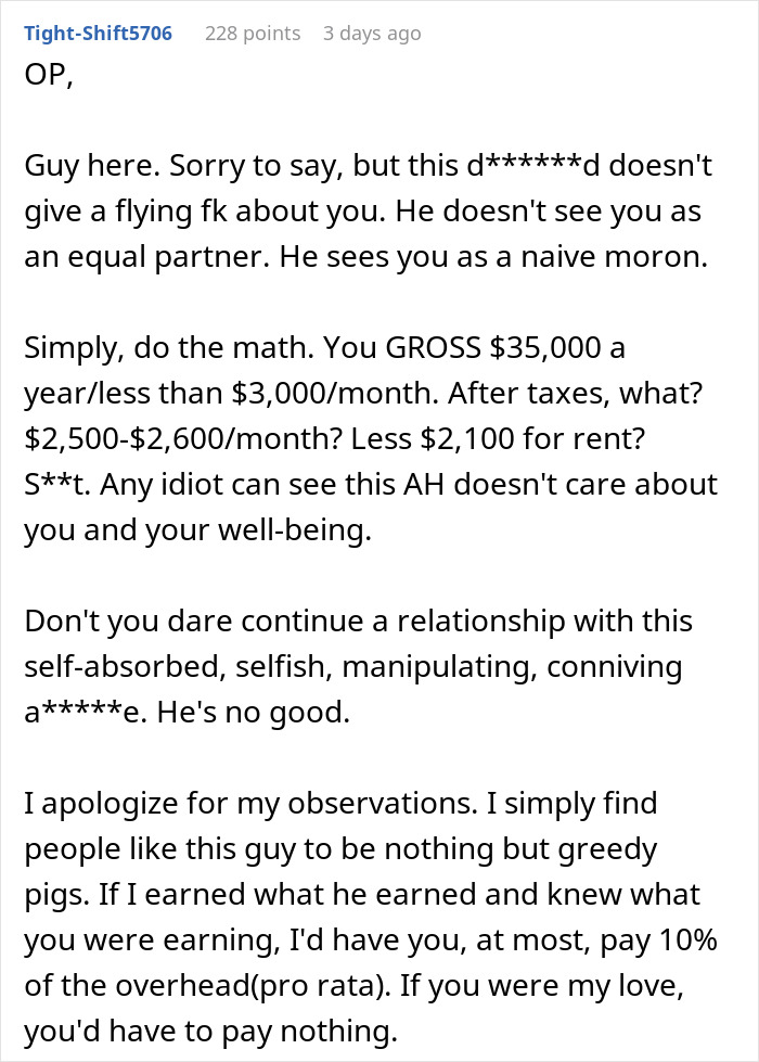 Man With $350K Salary Tells Girlfriend To Find A Better Job After She Can’t Afford Half The Rent