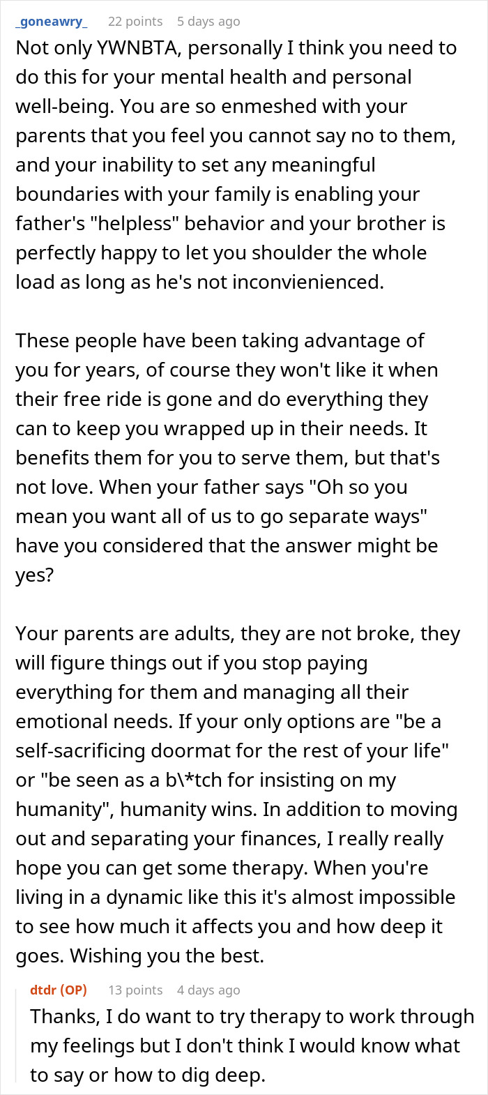 Manipulative Parents Keep Exploiting 30YO Daughter Financially And Emotionally, She Wants Out Manipulative Parents Keep Exploiting 30YO Daughter Financially And Emotionally, She Wants Out