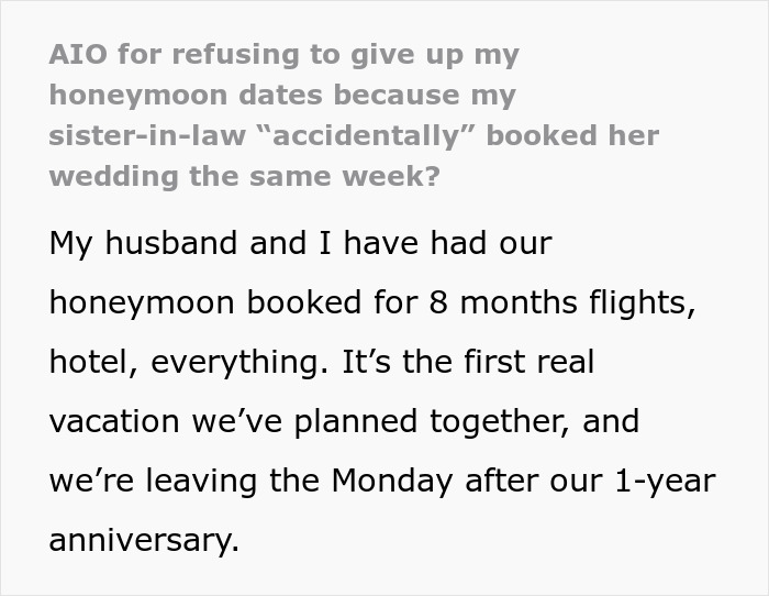 Selfish SIL Tries To Ruin Couple’s Honeymoon With Her Surprise Wedding, Cries When They Go Anyway Selfish SIL Tries To Ruin Couple’s Honeymoon With Her Surprise Wedding, Cries When They Go Anyway