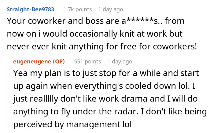 Entitled Employee Livid Her Coworker Won’t Knit Her A Huge Blanket For Free, Gets Her Hobby Banned Entitled Employee Livid Her Coworker Won’t Knit Her A Huge Blanket For Free, Gets Her Hobby Banned