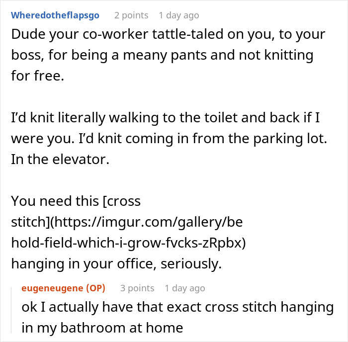 Entitled Employee Livid Her Coworker Won’t Knit Her A Huge Blanket For Free, Gets Her Hobby Banned Entitled Employee Livid Her Coworker Won’t Knit Her A Huge Blanket For Free, Gets Her Hobby Banned