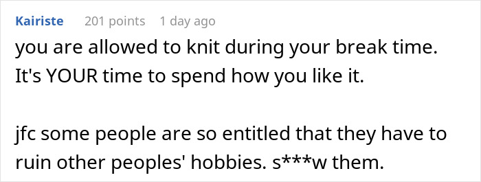 Entitled Employee Livid Her Coworker Won’t Knit Her A Huge Blanket For Free, Gets Her Hobby Banned Entitled Employee Livid Her Coworker Won’t Knit Her A Huge Blanket For Free, Gets Her Hobby Banned