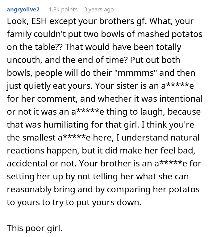 Guy Insults Sister’s Mashed Potatoes To Please GF, Fam Reveals They Didn’t Enjoy Her Dish At All Guy Insults Sister’s Mashed Potatoes To Please GF, Fam Reveals They Didn’t Enjoy Her Dish At All