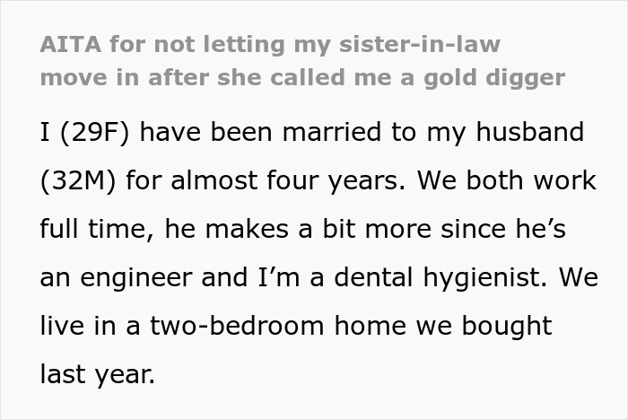 Woman Refuses To Let Homeless Sister-In-Law Move In: “She Called Me A Gold Digger”