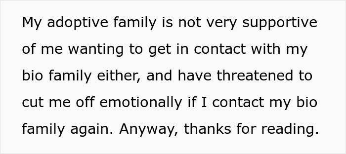 “I’m Just A Mistake”: Woman Wants To Reunite With Her Bio Family, Gets Threatened By Adoptive Parents “I’m Just A Mistake”: Woman Wants To Reunite With Her Bio Family, Gets Threatened By Adoptive Parents