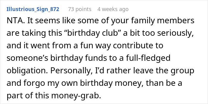 Woman’s Had Enough Of Family’s Greedy “Birthday Club”, Refuses To Cough Up Another Cent Woman’s Had Enough Of Family’s Greedy “Birthday Club”, Refuses To Cough Up Another Cent