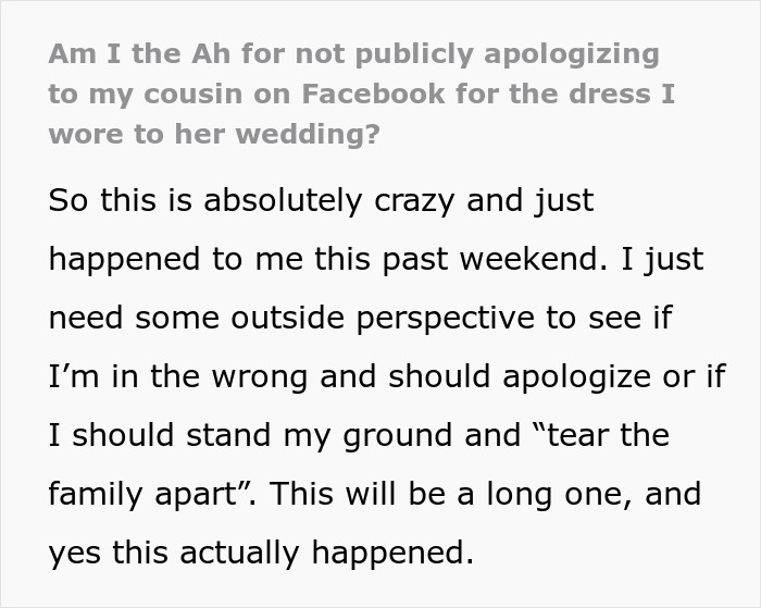 Woman Asks If She Should Go No-Contact With Bridezilla Cousin After Disastrous Dress Drama Woman Asks If She Should Go No-Contact With Bridezilla Cousin After Disastrous Dress Drama