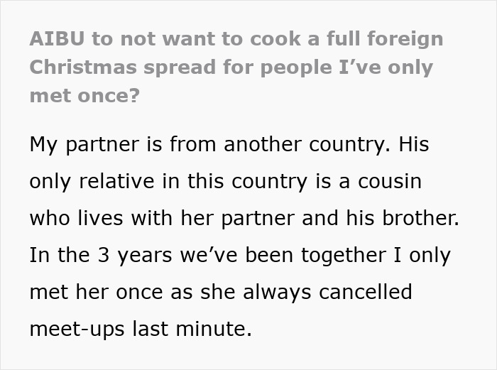 Guy Expects Partner To Cook A Whole Traditional Meal From His Country For Christmas, Balks After She Refuses