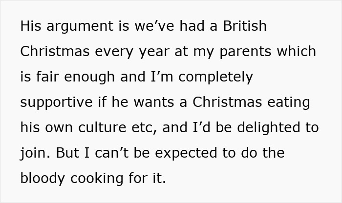 Guy Expects Partner To Cook A Whole Traditional Meal From His Country For Christmas, Balks After She Refuses