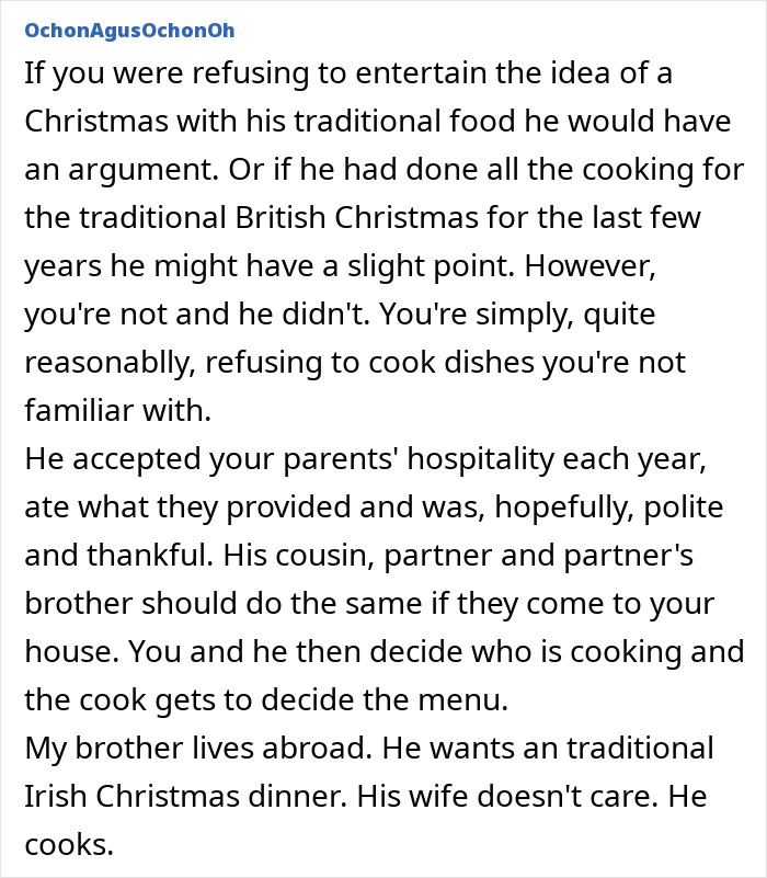 Guy Expects Partner To Cook A Whole Traditional Meal From His Country For Christmas, Balks After She Refuses