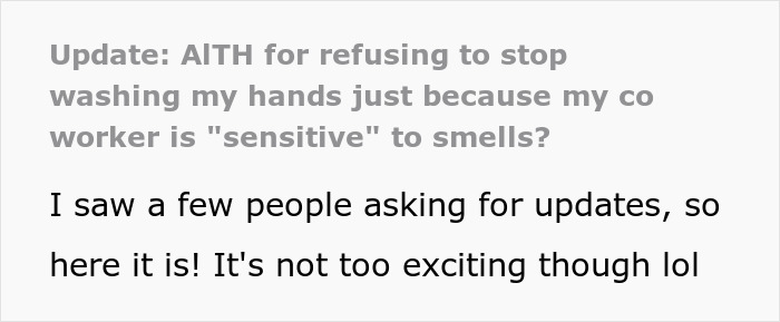 Company Is “Scent Free Zone” Due To Hypochondriac Coworker, Lady Gets In Trouble Due To Hand Soap Company Is “Scent Free Zone” Due To Hypochondriac Coworker, Lady Gets In Trouble Due To Hand Soap