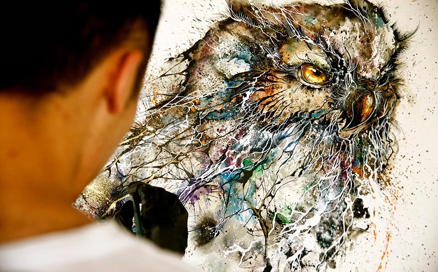 Artist Creates Stunning Owl Painting With Chaotic Splashes Of Color