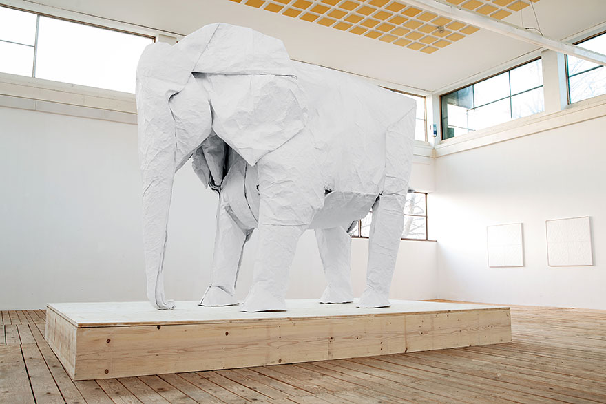 Artist Folds Life-Sized Elephant Out Of Single Massive 50 x 50 ft Sheet Of Paper