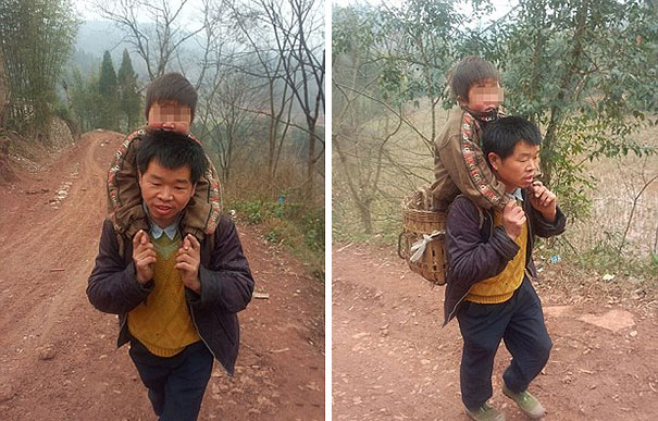 Chinese Father Carries His Disabled Son 18 Miles To School Every Day
