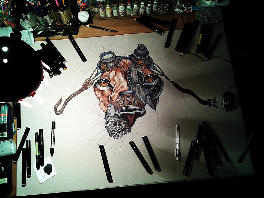 Steampunk Lion: Step By Step From A Blank Page To The Complete Drawing
