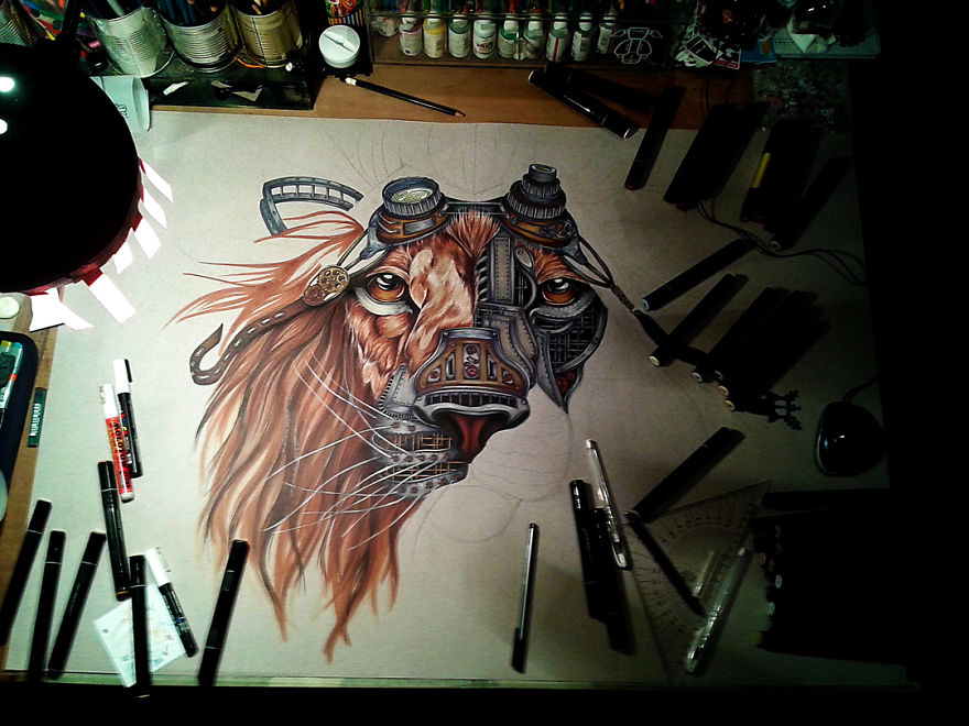 Steampunk Lion: Step By Step From A Blank Page To The Complete Drawing
