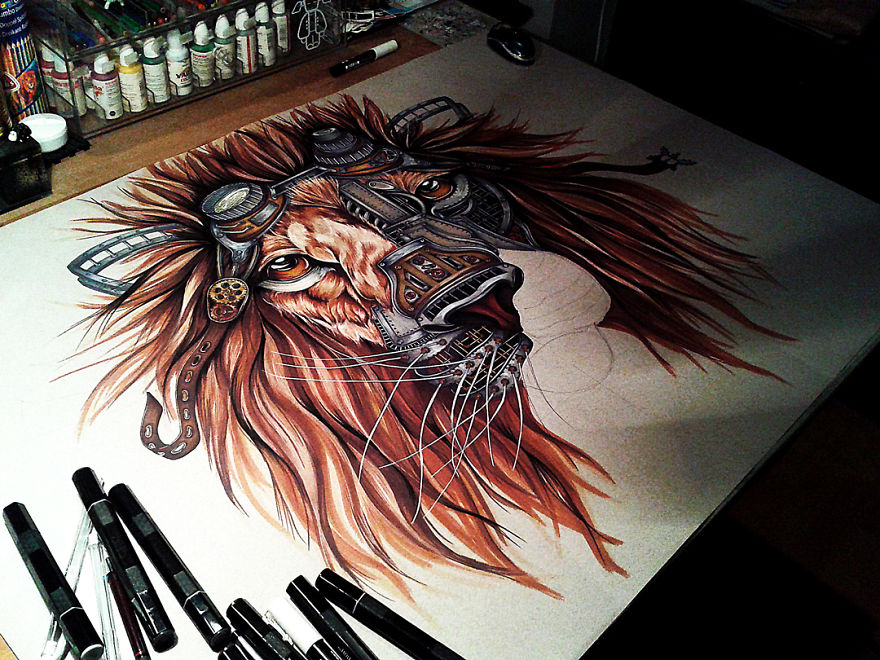 Steampunk Lion: Step By Step From A Blank Page To The Complete Drawing