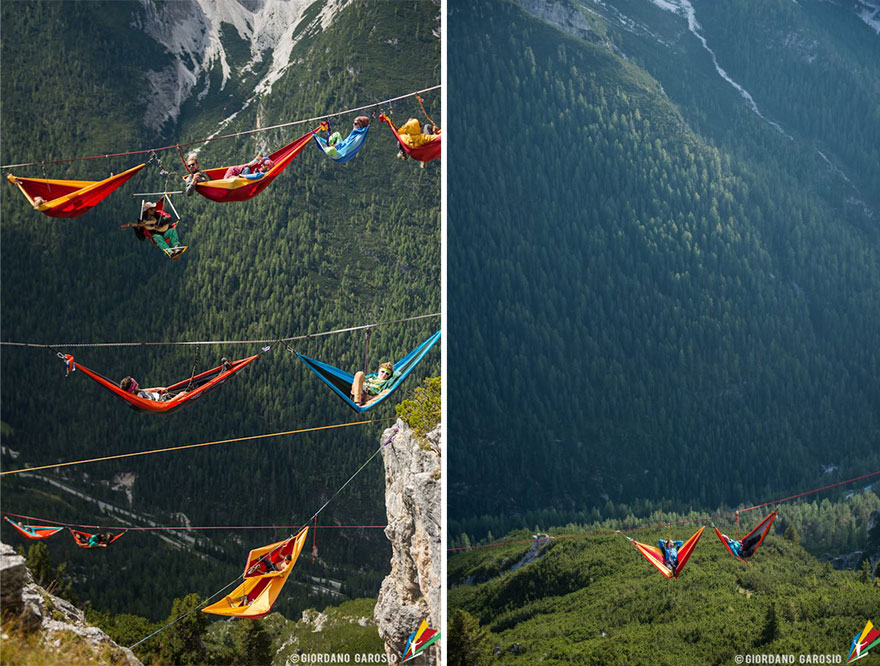 People At This Festival Slept On Hammocks Hanging Hundreds Of Feet Above The Italian Alps