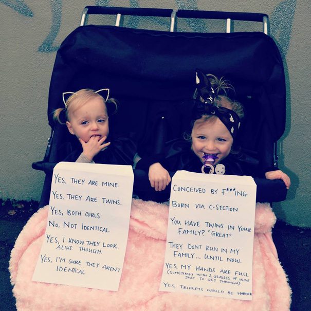 Mom Adds FAQ Signs To Her Twins After Getting Fed Up With Strangers’ Questions Mom Adds FAQ Signs To Her Twins After Getting Fed Up With Strangers’ Questions