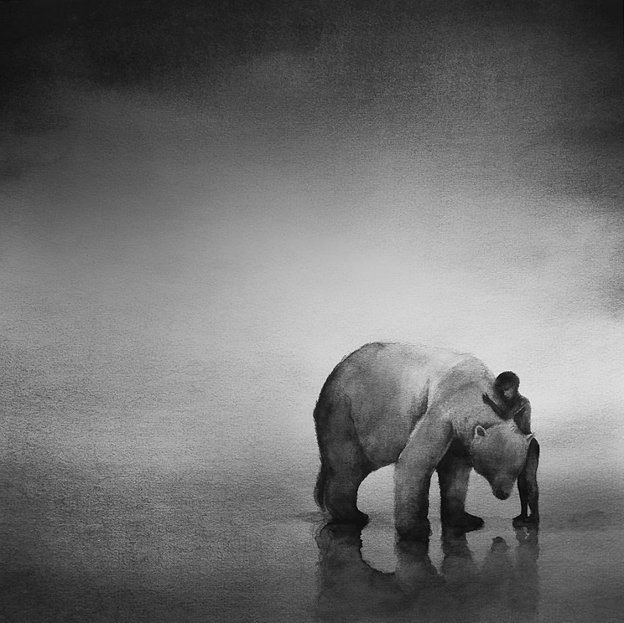 Peaceful Black And White Watercolor Paintings Of Children And Animal