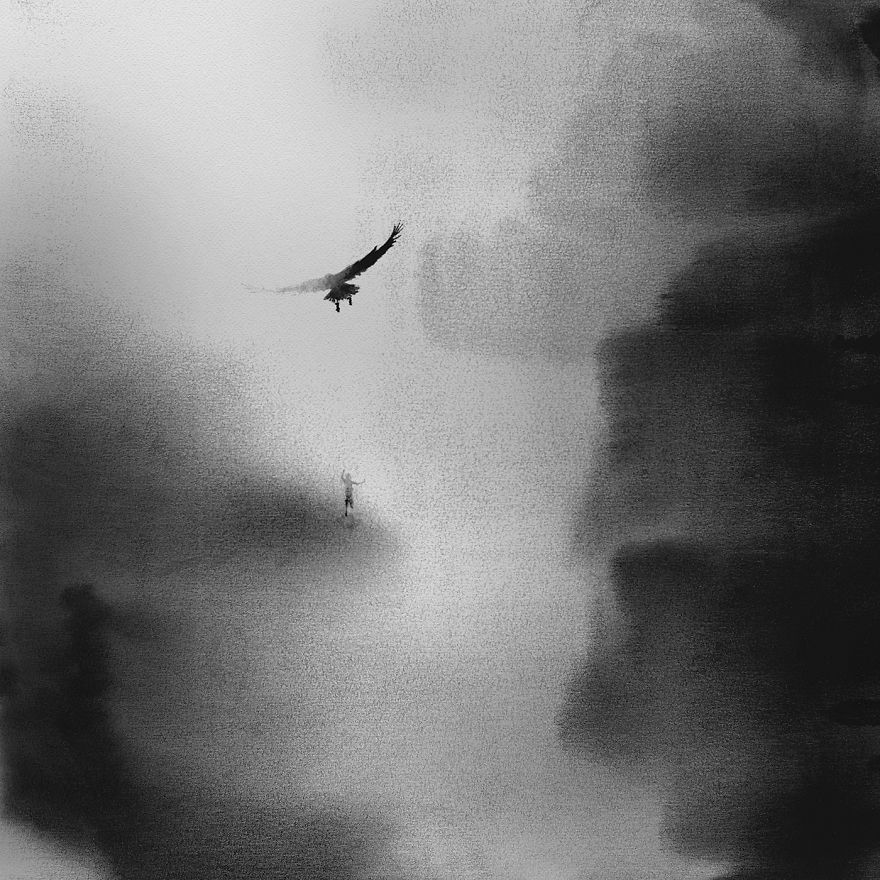 Peaceful Black And White Watercolor Paintings Of Children And Animal