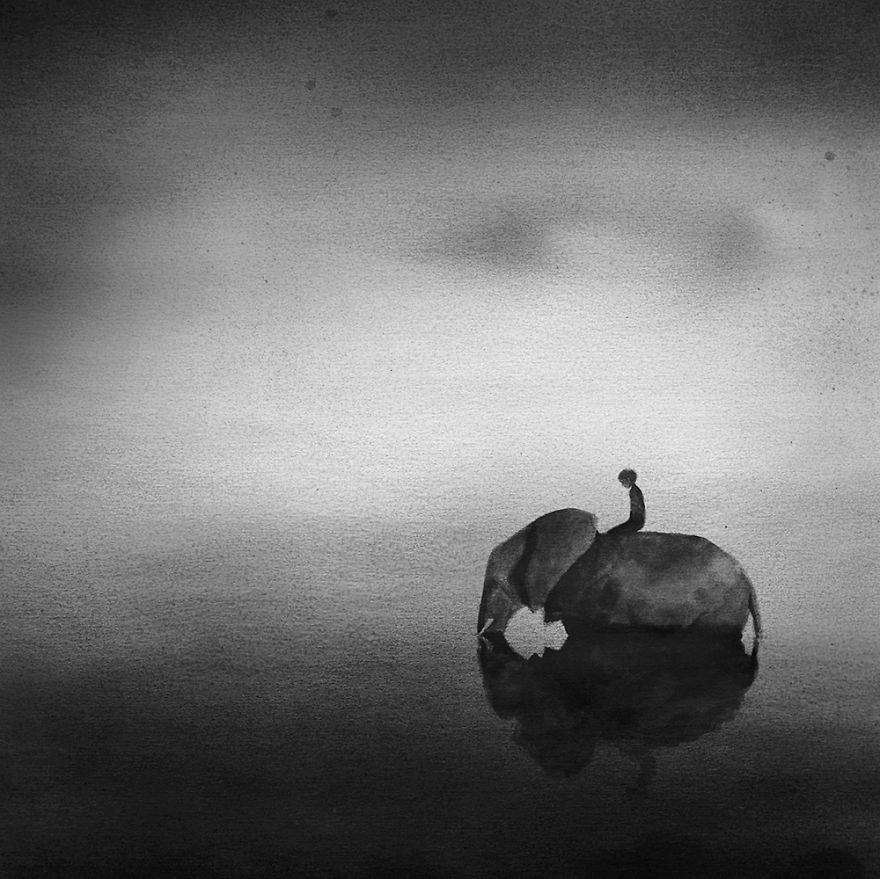 Peaceful Black And White Watercolor Paintings Of Children And Animal