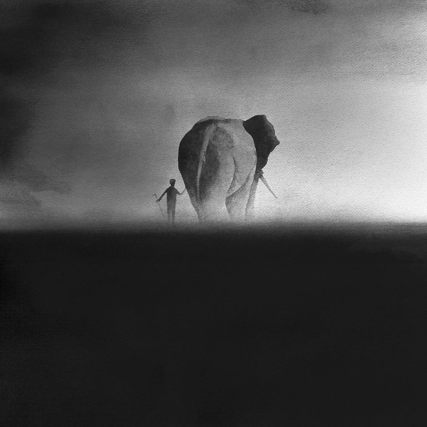 Peaceful Black And White Watercolor Paintings Of Children And Animal