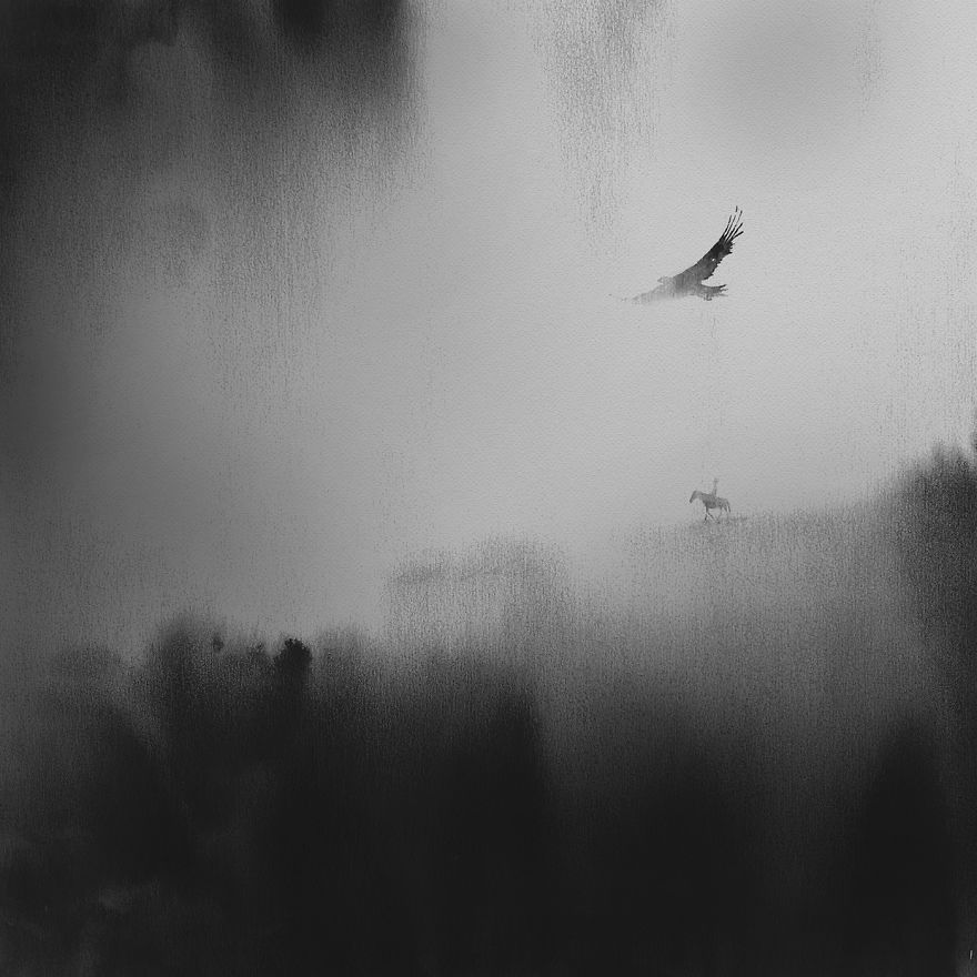 Peaceful Black And White Watercolor Paintings Of Children And Animal