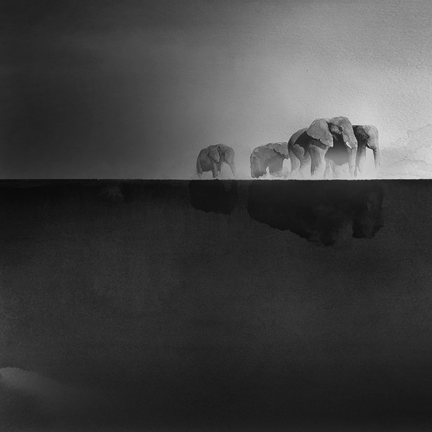 Peaceful Black And White Watercolor Paintings Of Children And Animal