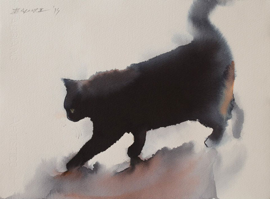 New Watercolor &#038; Ink Cats That Slowly Bleed Into Paper By Endre Penovác