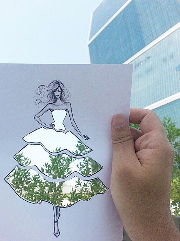 Fashion Illustrator Completes His Cut-Out Dresses With Clouds And Buildings Fashion Illustrator Completes His Cut-Out Dresses With Clouds And Buildings