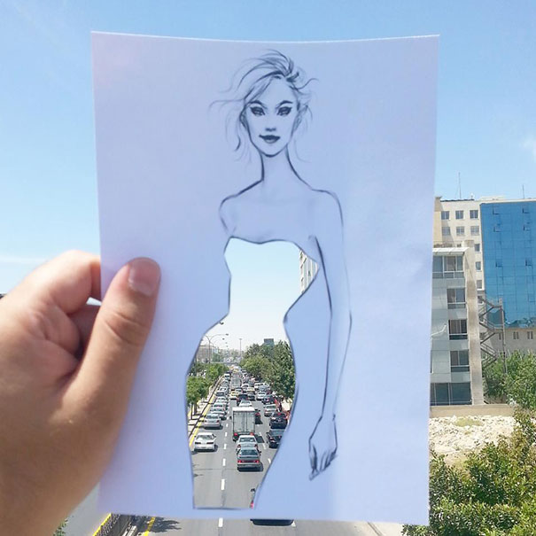 Fashion Illustrator Completes His Cut-Out Dresses With Clouds And Buildings Fashion Illustrator Completes His Cut-Out Dresses With Clouds And Buildings
