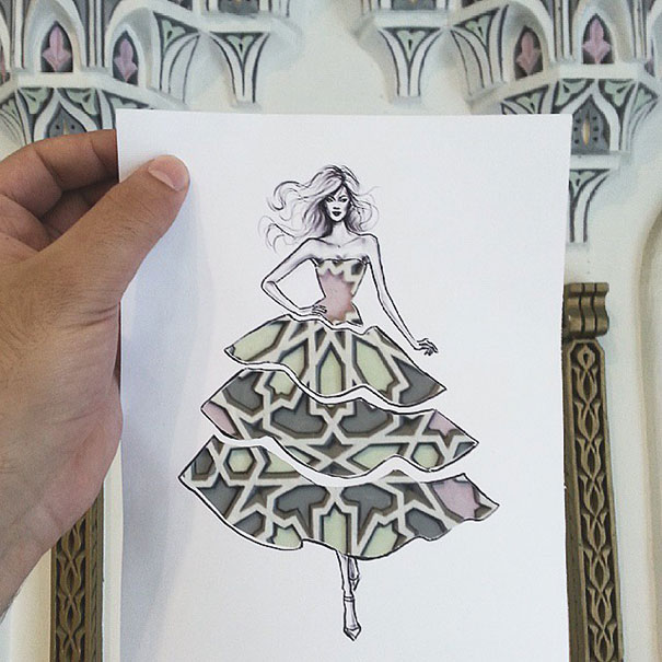 Fashion Illustrator Completes His Cut-Out Dresses With Clouds And Buildings Fashion Illustrator Completes His Cut-Out Dresses With Clouds And Buildings