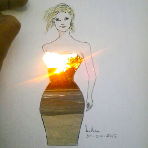 Fashion Illustrator Completes His Cut-Out Dresses With Clouds And Buildings Fashion Illustrator Completes His Cut-Out Dresses With Clouds And Buildings