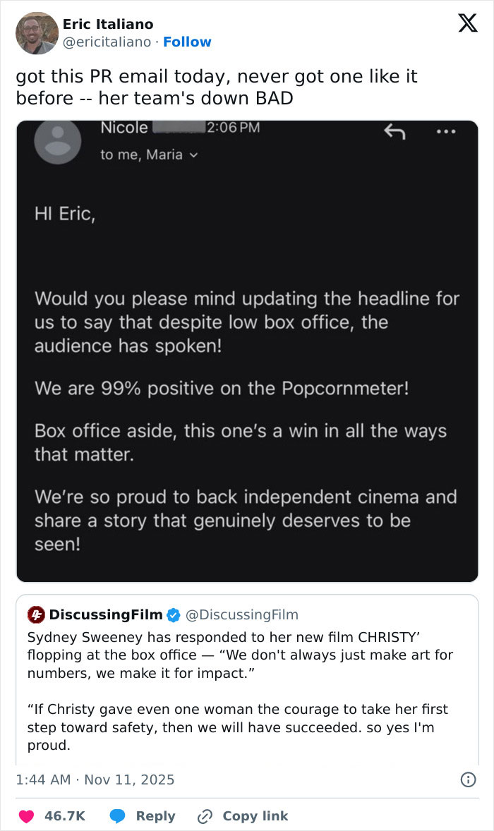 Leaked PR Emails Expose Sydney Sweeney&#8217;s Reps Doing &#8220;Damage Control&#8221; After &#8216;Christy&#8217; Tanks At Box Office