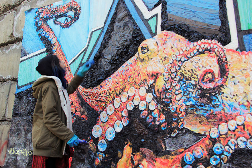 I Create Street Art Using Plastic Bags To Encourage People To Recycle