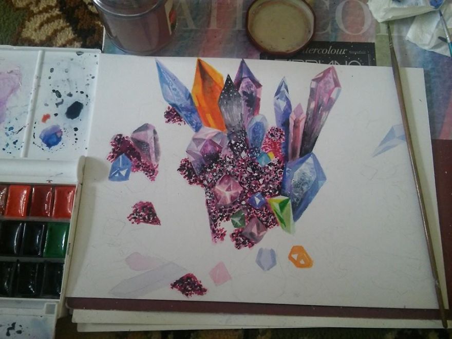 I Paint Colorful Crystals Using Watercolor