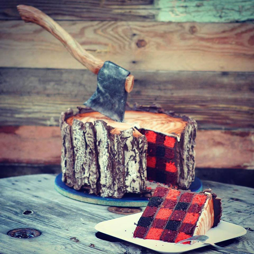 A Lumberjack Cake With An Edible Axe And A Plaid Pattern Inside A Lumberjack Cake With An Edible Axe And A Plaid Pattern Inside