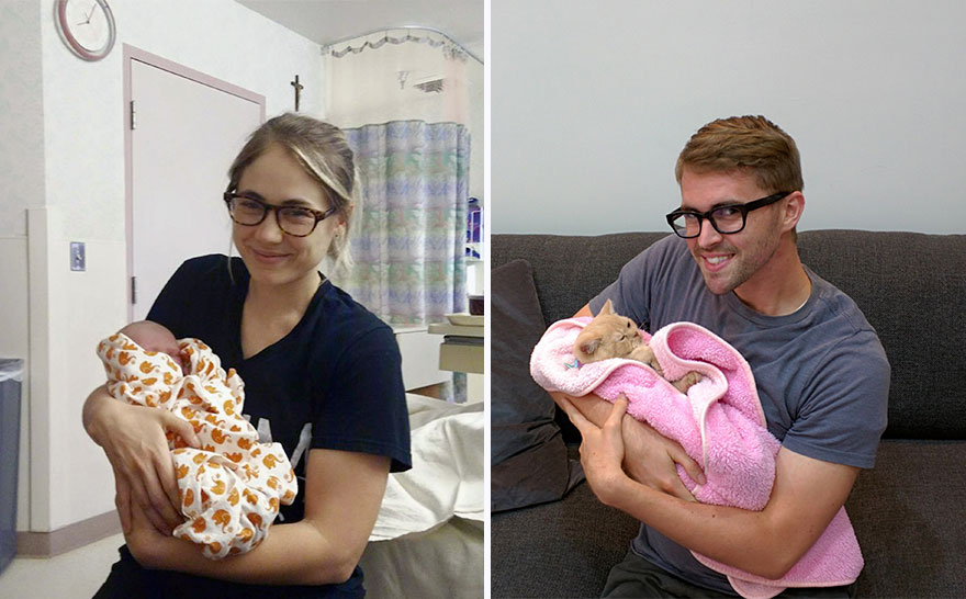 Single Guy Recreates His Twin Sister&#8217;s Baby Photos Using A Cat (7 Pics)