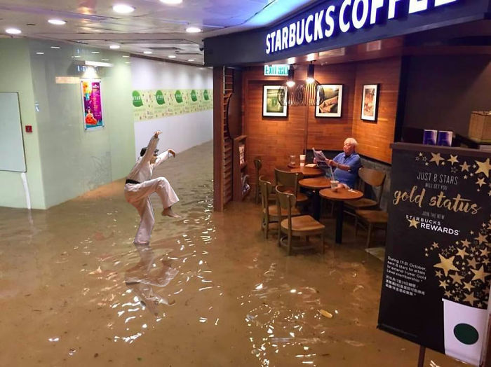 Man Sits In Starbucks Completely Unfazed By Flood, Inspires Hilarious Photoshop Battle (48 Pics)