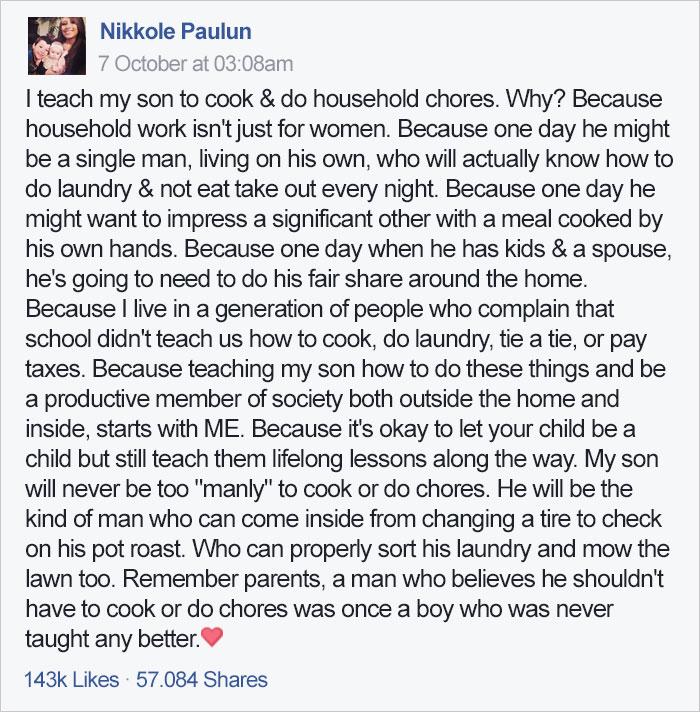 Mom Teaches Her Son That Chores Aren&#8217;t &#8216;Just For Women&#8217;, Gets Criticized Online