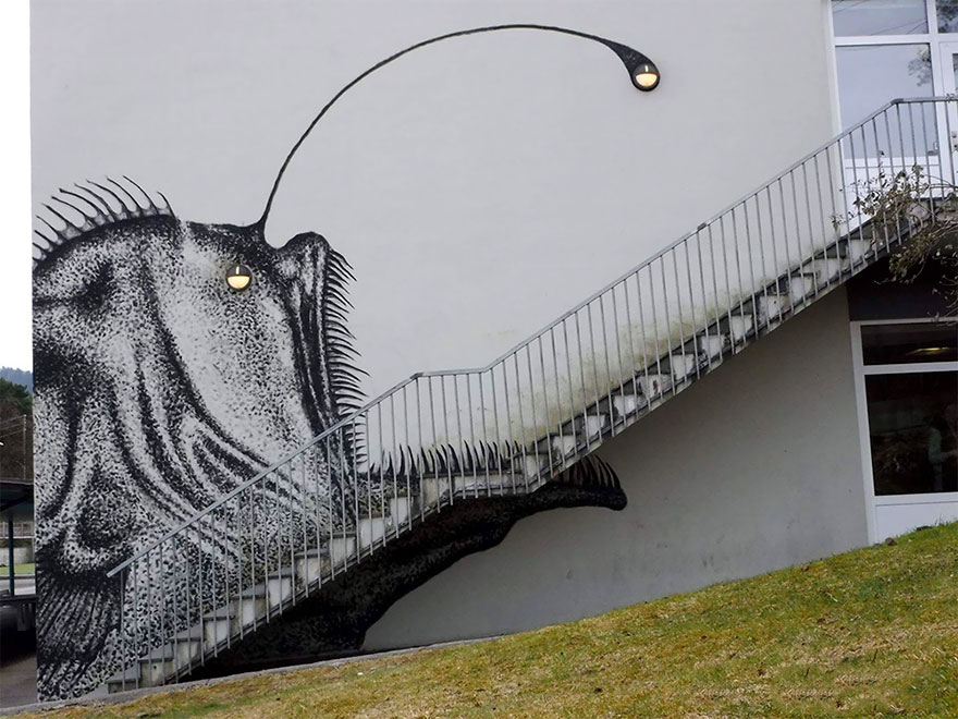 Street Artist Turns Boring Stairs Into Nightmarish Anglerfish